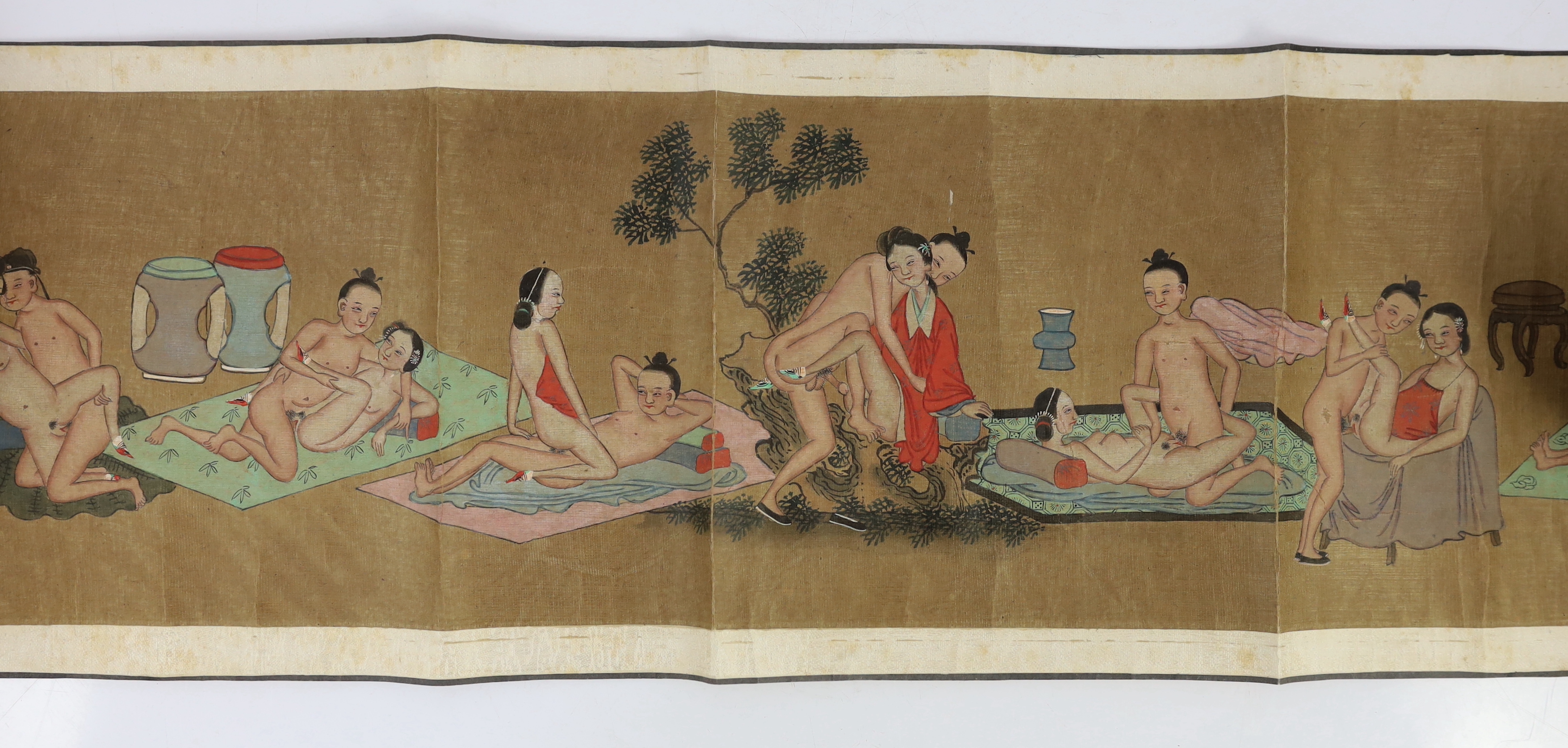 A Chinese erotic hand scroll on silk, early 20th century